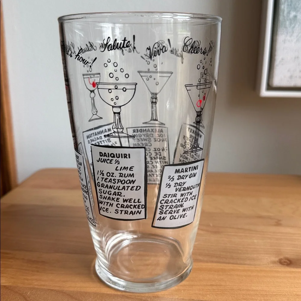 Vintage MCM Cocktail Recipe Mixing Glass Multi-Language Cheers Barware (No Lid)